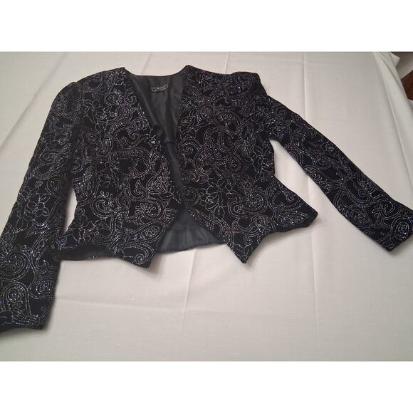 VTG Cachet by Bari Protas Cropped Sparkle Jacket Black Velvet Velour Sz L Bling - Picture 2 of 16